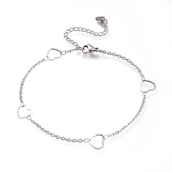 Stainless Steel Color 304 Stainless Steel Cable Chain Anklets, with Heart Links and Lobster Claw Clasps, Stainless Steel Color, 8-3/4 inch(22.3cm)