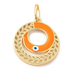 Orange Brass Pendants, with Enamel, Real 18K Gold Plated, Long-Lasting Plated, Round Ring with Evil Eye Charm, Orange, 36.5x32.5x3.5mm, Hole: 11x7.5mm