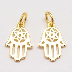 Golden Brass Charms, for Jewish, Hamsa Hand/Hand of Fatima/Hand of Miriam with Star of David, Cadmium Free & Nickel Free & Lead Free, Golden, 13x9x1mm, Hole: 3mm