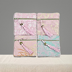 Pink Sac en tissu à fermeture éclair double couche, sac de rangement de bijoux de style chinois pour accessoires de bijoux, motif aléatoire, rose, 11.5x11.5 cm