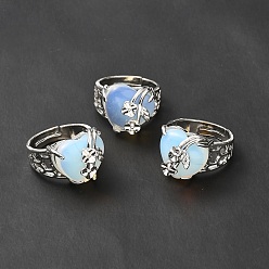 Opalite Opalite Adjustable Rings, Platinum Tone Heart with Flower Brass Rings for Women, Cadmium Free & Lead Free, US Size 6 3/4(17.1mm), 4.5~9mm