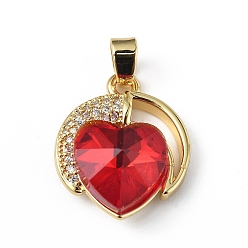 Red Real 18K Gold Plated Rack Plating Brass Micro Pave Clear Cubic Zirconia Pendants, with Glass, Long-Lasting Plated, Cadmium Free & Lead Free, Heart Charm, Red, 21x17.5x8mm, Hole: 5x3mm