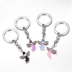 Mixed Color Alloy Keychain, with Gemstone Beads, Tibetan Style Heart Beads and Acrylic Flower Beads, Lovely Wedding Dress Angel Dangle, Mixed Color, 83mm