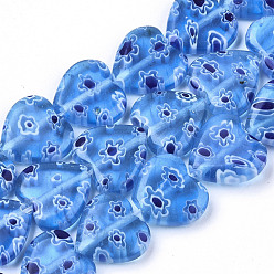 Deep Sky Blue Handmade Millefiori Lampwork Beads Strands, Heart, Deep Sky Blue, 11~12x12x4~5mm, Hole: 1mm, about 32~33pcs/strand, 12.72 inch~13.78 inch(32.3~35cm)