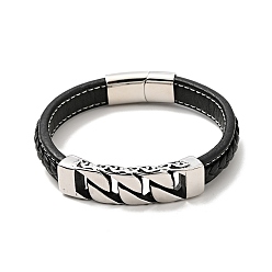 Noir 304 bracelet à maillons gourmette en acier inoxydable avec fermoir magnétique, bracelet gothique avec cordon en cuir microfibre pour homme femme, noir, 8-7/8 pouce (22.5 cm)