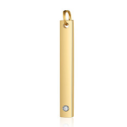 Oro 201 colgantes de etiqueta de barra de acero inoxidable, con diamante de imitación, Rectángulo, cristal, dorado, 32x3.7x1.5 mm, agujero: 3 mm