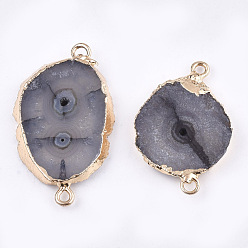Slate Gray Electroplate Natural Druzy Agate Links connectors, with Iron Findings, Dyed, Golden, Slate Gray, 30~45x15~35x3~7.5mm, Hole: 2mm
