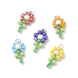 Mixed Color Glass Seed Beaded Pendants, with Synthetic Turquoise Beads and Nylon Wire, Flower, Mixed Color, 16~17x10x4.2mm, Hole: 1.5x3mm
