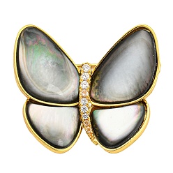 Golden Black Lip Shell Broochs, Butterfly with Heart Brass Rhinestone Pins for Women, Golden, 32x36x9mm, hole: 5x3mm