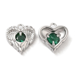 Dark Green Brass & Glass & Cubic Zirconia Charms, Heart Wing Charm, Real Platinum Plated, Dark Green, 11x10.5x4mm, Hole: 1.2mm