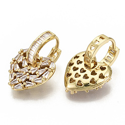 Real 18K Gold Plated Brass Micro Pave Cubic Zirconia Dangle Huggie Hoop Earrings, Nickel Free, Heart, Clear, Real 18K Gold Plated, 28mm, Pin: 1x1mm