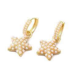 Golden Plastic Pearl Beaded Star Dangle Hoop Earrings, Brass Jewelry for Women, Golden, 34.5mm, Pin: 0.8mm