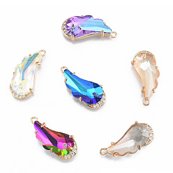 Mixed Color K9 Glass Pendants, with Light Gold Plated Brass Findings and Clear Cubic Zirconia, Cadmium Free & Lead Free, Faceted, Wing, Mixed Color, 25x12x6mm, Hole: 1.5mm