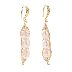 Real 18K Gold Plated Natural Freshwater Pearl Dangle Earrings, with Brass Earring Hooks and Copper Wire, Real 18K Gold Plated, 50~55mm, Pin: 0.7mm