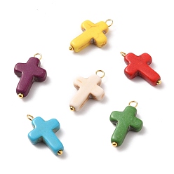 Mixed Color Synthetic Howlite Pendants, with Golden Brass Ball Head Pins, Cross, Mixed Color, 20x12x4mm, Hole: 2mm