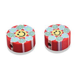 Red Handmade Polymer Clay Beads, Flat Round with Smiling Face & Flower, Red, 8.5~10x4.5mm, Hole: 1.5mm
