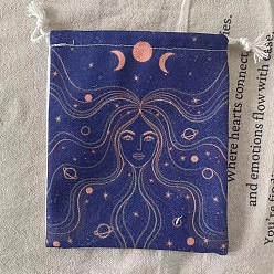 Dark Blue Tarot Card Storage Bag, Cloth Tarot Drawstring Bags, Rectangle with Woman Pattern, Dark Blue, 18x13cm