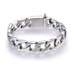 Stainless Steel Color 304 Stainless Steel Curb Chains Bracelets, with Clasps, Stainless Steel Color, 9 inch(23cm), 14x4.5mm