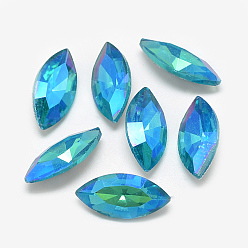 Deep Sky Blue Pointed Back Glass Rhinestone Cabochons, Back Plated, Faceted, AB Color Plated, Horse Eye, Deep Sky Blue, 15x7x4mm