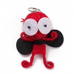 Red Woolen Yarn Thread Keychain, with Foam and Iron Key Rings, Aluminum Wire, Insect, Red, 14.6cm