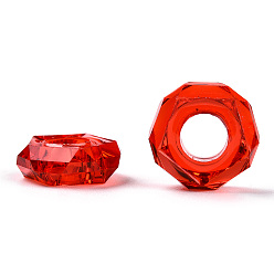 Roja Cuentas europeas de resina epoxi, abalorios de grande agujero, buñuelo, facetados, rojo, 13~14x5 mm, agujero: 6 mm