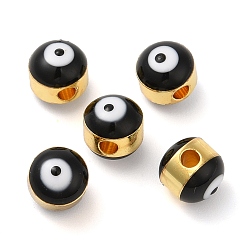 Negro Perlas de esmalte de bronce, sin plomo y cadmio, larga duración plateado, dorado, rondelle con mal de ojo, negro, 6x7 mm, agujero: 1.8 mm