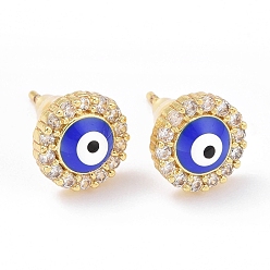 Blue Enamel Evil Eye Stud Earrings with Clear Cubic Zirconia, Gold Plated Brass Jewelry for Women, Cadmium Free & Lead Free, Blue, 9mm, Pin: 0.8mm