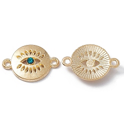Blue Zircon Alloy Connector Charms, with Rhinestones, Flat Round Links with Eye, Golden, Blue Zircon, 13x19x3mm, Hole: 1.4mm