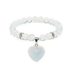 Opalite Bracelet extensible perles rondes opalite avec breloque coeur, yoga des pierres précieuses pour les femmes, diamètre intérieur: 2 pouce (4.95 cm)