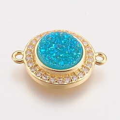 Deep Sky Blue Brass Micro Pave Cubic Zirconia Links, with Druzy Resin Cabochon, Flat Round, Golden, Deep Sky Blue, 17x13x3~5mm, Hole: 1.2mm
