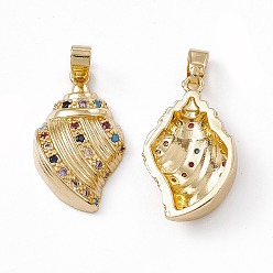 Real 18K Gold Plated Brass Micro Pave Cubic Zirconia Pendants, with Glass Rhinestone, Conch Charm, Real 18K Gold Plated, 21.5x13x5mm, Hole: 5x2.5mm