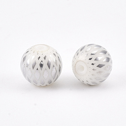 Silver Electroplate Glass Beads, Round with Rhombus Pattern, Silver, 8~8.5mm, Hole: 1.5mm