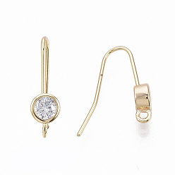 Real 18K Gold Plated Brass Micro Cubic Zirconia Earring Hooks, with Horizontal Loop, Nickel Free, Clear, Real 18K Gold Plated, 13mm, Hole: 1mm, 22 Gauge, Pin: 0.6mm