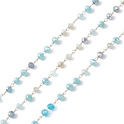 Turquoise Moyen Main chaînes de perles de verre, facette, non soudée, avec 304 inoxydable chaînes en acier, or, ronde, turquoise moyen, 3x2.5mm