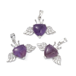 Amethyst Natural Amethyst Pendants, Heart Charms with Wings & Crown, with Platinum Tone Brass Crystal Rhinestone Findings, 26x35.5x8mm, Hole: 8x5mm