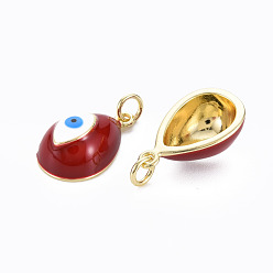 Dark Red Real 16K Gold Plated Brass Enamel Pendants, with Jump Ring, Cadmium Free & Nickel Free & Lead Free, Teardrop with Evil Eye, Dark Red, 19~20x11x7~8mm, Jump Ring: 5x0.6mm, Inner Diameter: 3mm