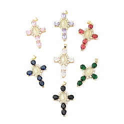 Mixed Color Rack Plating Brass Micro Pave Cubic Zirconia Pendants, Cadmium Free & Lead Free, Real 18K Gold Plated, Cross with Saint, Mixed Color, 45.5x29x6mm, Hole: 4x6mm