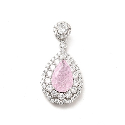 Pink Brass Micro Pave Clear Cubic Zirconia Pendants, with Faceted Glass, Teardrop, Real Platinum Plated, Pink, 32.5mm, Hole: 3.5x2.5mm