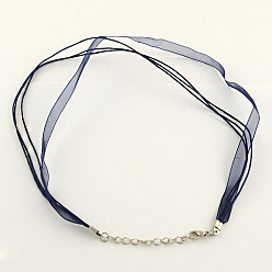 Marine Blue Multi-strand Necklace Cord for Jewelry Making, with 3 Loops Waxed Cord, Organza Ribbon, Zinc Alloy Lobster Claw Clasps and Iron Chains, Marine Blue, 17.7 inch