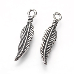 Antique Silver 304 Stainless Steel Pendants, Feather, Antique Silver, 25.5x6x2.5mm, Hole: 2mm