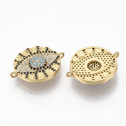 Golden Brass Micro Pave Cubic Zirconia Links connectors, Flat Round with Evil Eye, Colorful, Golden, 18x22.5x3.5mm, Hole: 1.2mm