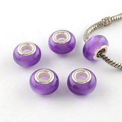 Medium Orchid Imitation Cat Eye Resin European Beads, Large Hole Rondelle Beads, with Silver Color Plated Brass Cores, Medium Orchid, 13~14x9mm, Hole: 4.5~5mm