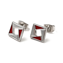 FireBrick Rhombus 304 Stainless Steel Stud Enamel Earrings, with 316 Surgical Stainless Steel Pin, Stainless Steel Color, FireBrick, 8x8mm, Pin: 0.7mm