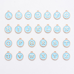 Светло-Голубой Буквица a ~ z алфавит эмалевые брелоки, плоские круглые диски двусторонние брелоки, Небесно-голубой, 14x12x2 мм, отверстие : 1.5 мм, 26 шт / комплект