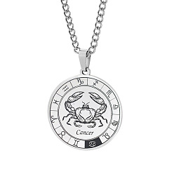 Cancer Unisex 201 Stainless Steel Constellation Pendant Necklaces, with Curb Chains, Laser Engraved Pattern, Flat Round, Cancer, 13.19 inch(335mm) 