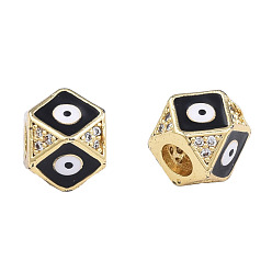 Black Brass Micro Pave Clear Cubic Zirconia Beads, with Enamel, Real 18K Gold Plated, Octagon with Evil Eye, Nickel Free, Black, 11x11x8.5mm, Hole: 4mm