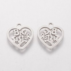 Stainless Steel Color 201 Stainless Steel Charms, Heart with Phrase Big Sister, Stainless Steel Color, 15x13.7mm