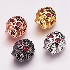Mixed Color Brass Micro Pave Cubic Zirconia Beads, Skull, Mixed Color, 13x10x7mm, Hole: 2.5mm