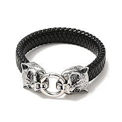 Antique Silver PU Imitation Leather Braided Cord Bracelet, 304 Stainless Steel Tiger Clasp Gothic Bracelet for Men Women, Antique Silver, 8-3/4 inch(22.1cm)