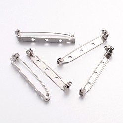 Platino Fornituras de broche de hierro, espalda pasadores de barras, con tres agujeros, Platino, 38x5 mm, agujero: 2 mm, pin: 1 mm